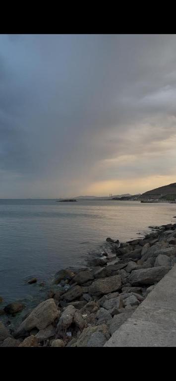 un grande bacino d'acqua con rocce sulla riva di Boulvard Residence a Baku