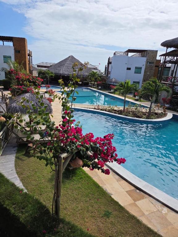 a resort swimming pool with pink flowers in front of it at Chaleville barrinha in Barrinha