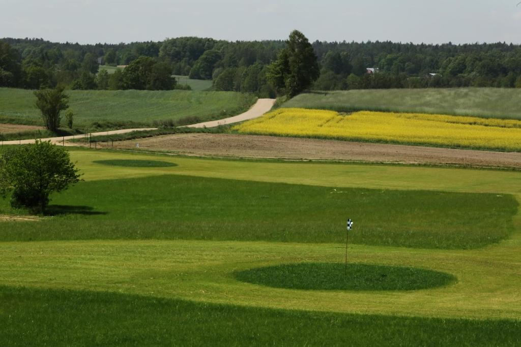 Rolling green countryside with circular putting green and checkered flag, fields and distant tree line.