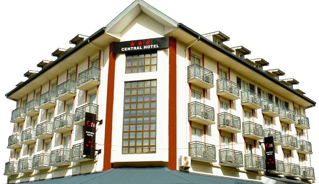 卡宴Central Hotel Cayenne的侧面有标志的建筑物