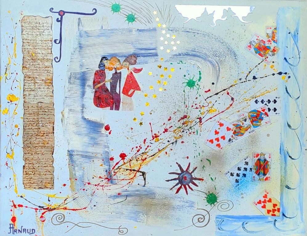 un tableau de deux personnes s'embrassant à une fenêtre dans l'établissement Le Portel des Arnaud Chambres d'Hôtes, à Durfort-et-Saint-Martin-de-Sossenac