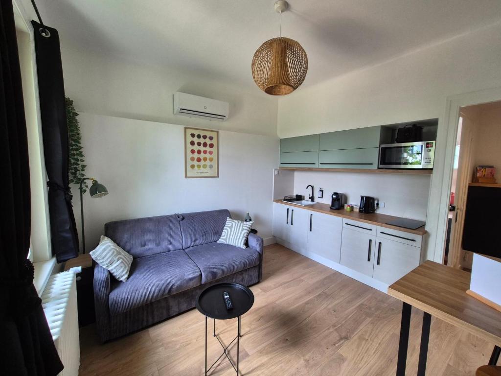 a living room with a couch and a kitchen at Logement "L'Olivier" TREVOUX climatisé in Trévoux