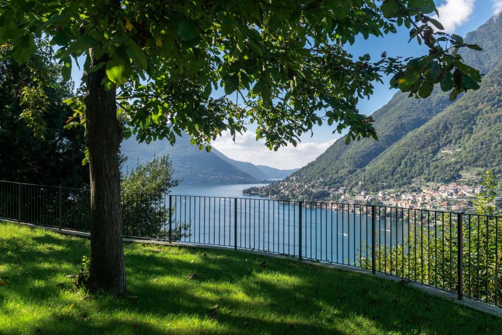 a view of a lake and mountains with a tree at Via dei Monti in Nesso