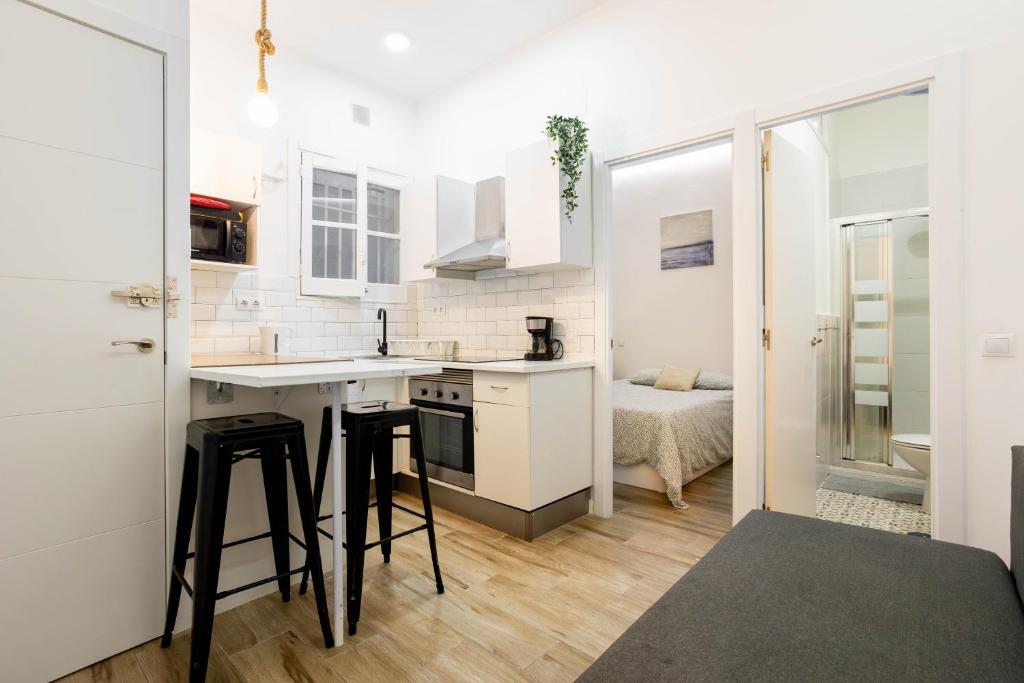 une cuisine blanche avec un évier et un comptoir dans l'établissement Apt temporada Gta Embajadores Centro Arganzuela, à Madrid