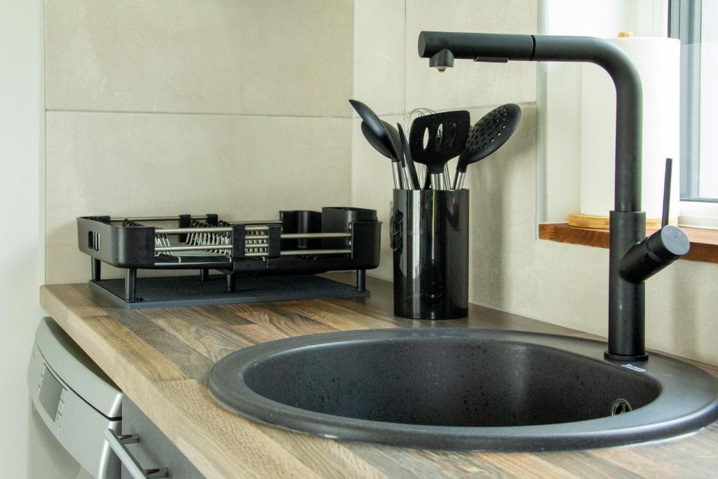 a kitchen counter with a sink and a faucet at Holiday home Ūdensrozes in Pērkone