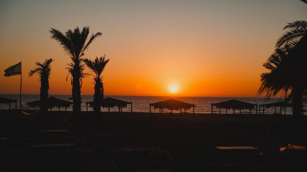 a sunset on the beach with palm trees and umbrellas at Mosh Achziv Beach in Gesher HaZiw