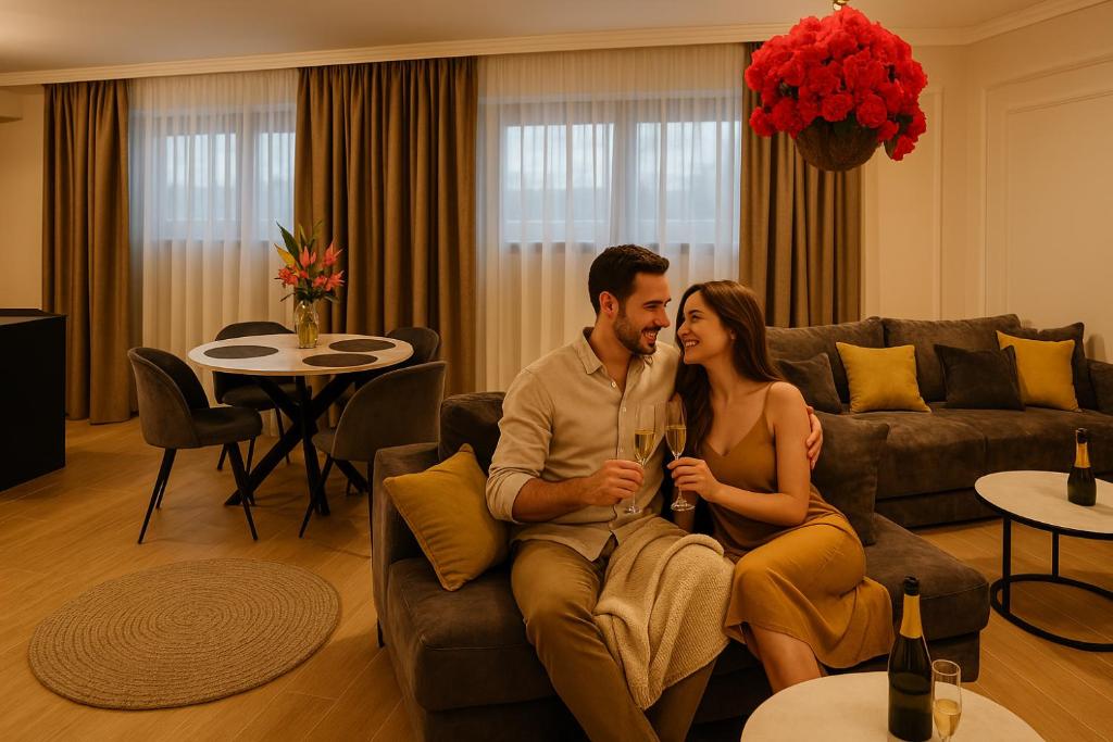 a man and woman sitting on a couch in a living room at Stylish Stay - Workspace & Netflix Included in Cluj-Napoca