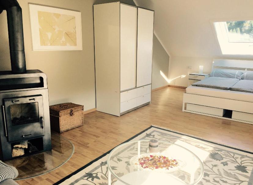 Una sala de estar con una cama y una chimenea. en Elegante Ferienwohnung mit Kaminofen im Thüringer Wald, en Manebach