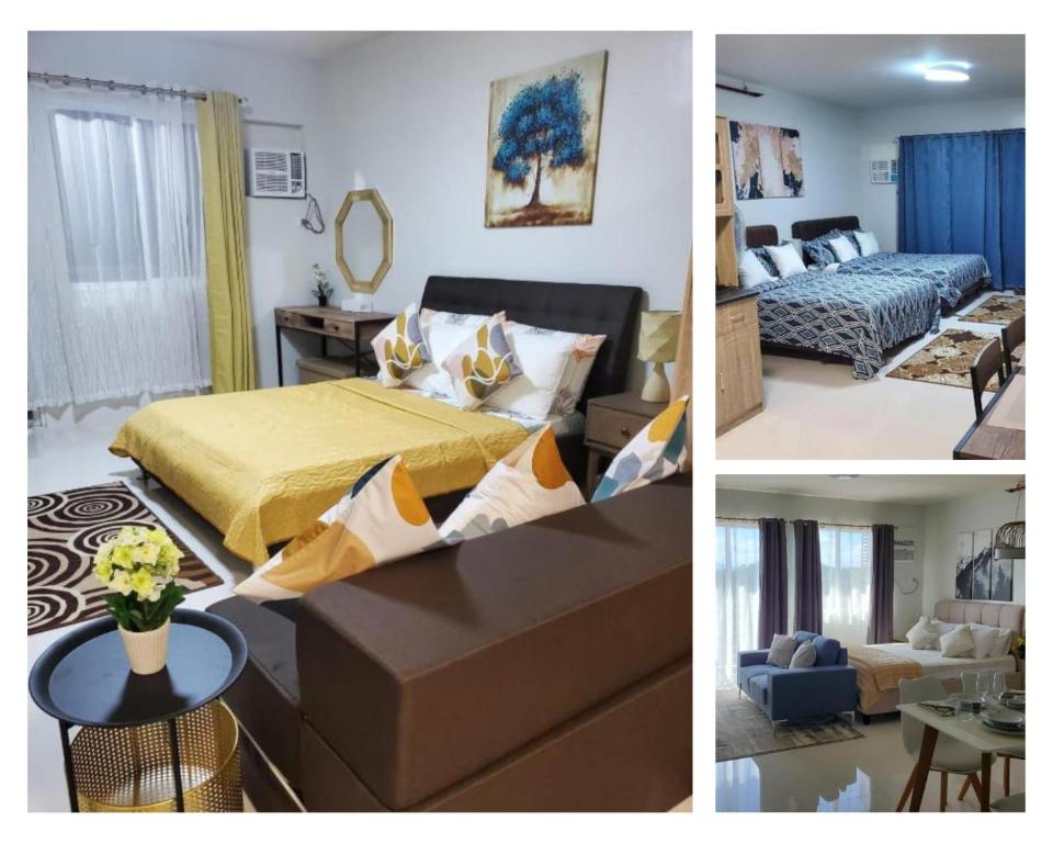 two pictures of a bedroom with a bed and a living room at VERDANT by Vista Manors Deluxe Rooms with Balcony, Gym and Swimming Pool in Puerto Princesa City