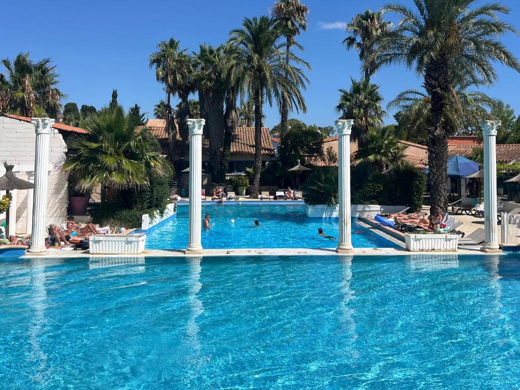a swimming pool at a resort with palm trees at Appartement T2 proche de la plage avec parking gratuit in Canet-en-Roussillon