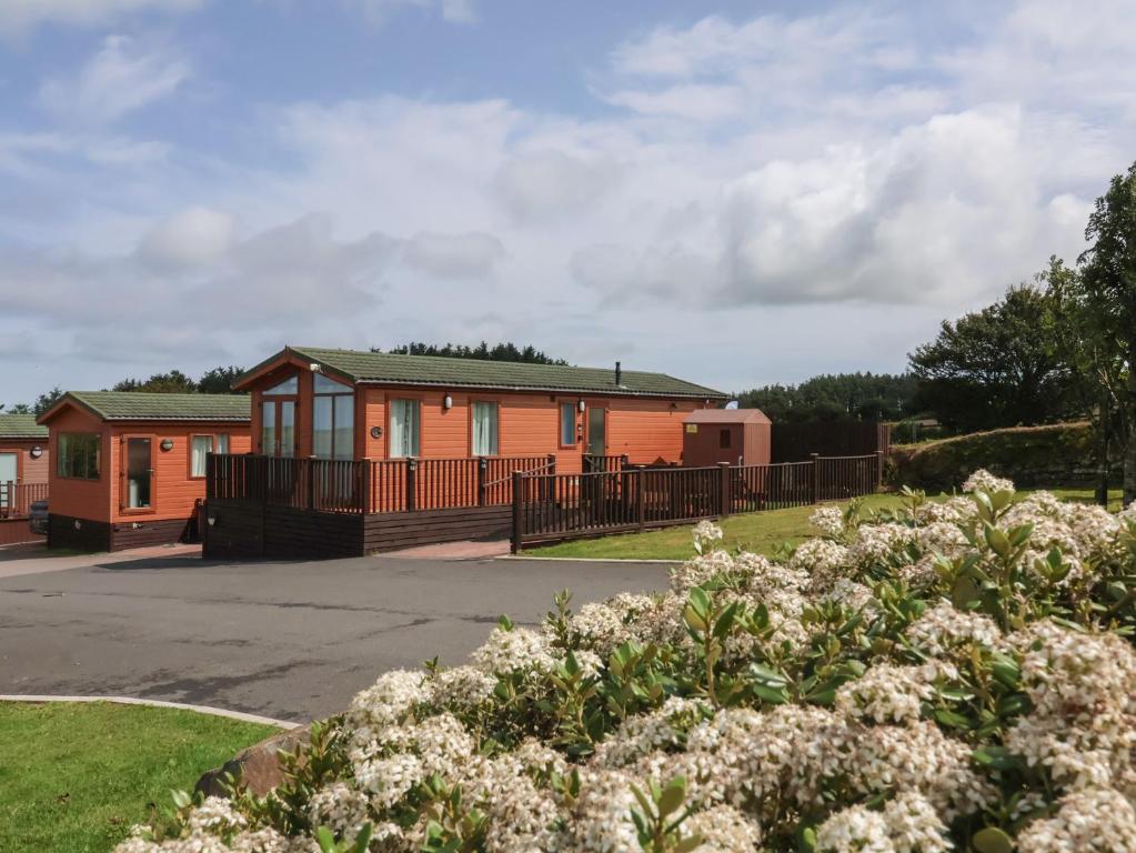 a row of houses with flowers in the foreground at Cody Lodge in Ilfracombe