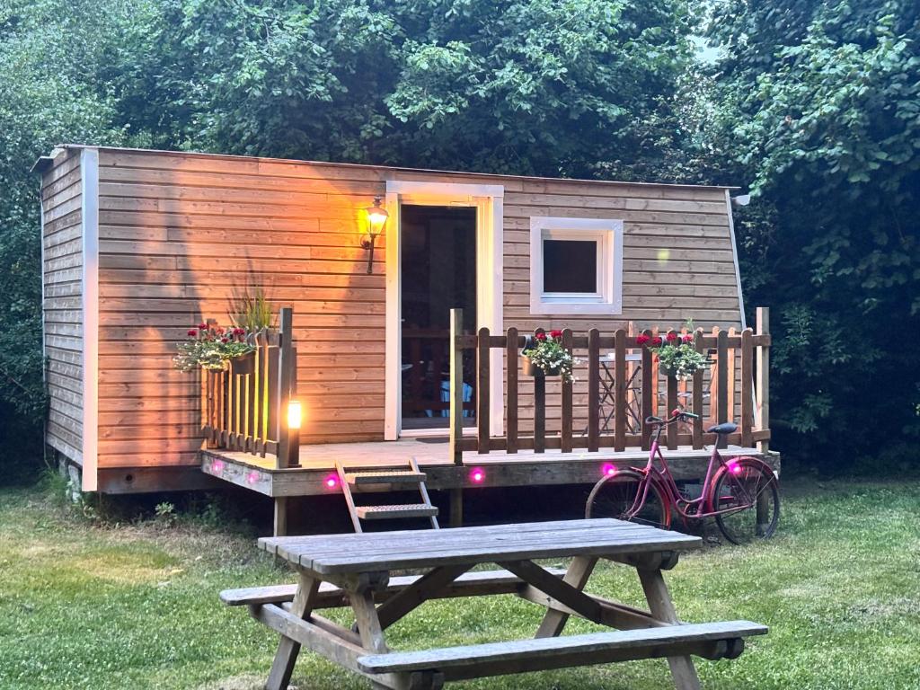 a tiny house with a picnic table and a bike at La Cabane du Halage in Aire-sur-la-Lys