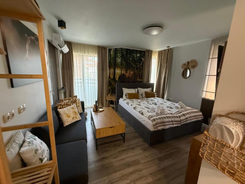 Un dormitorio con una cama y un sofá. en Luxury Studio1 in Hotel Friends SPA, en Bansko