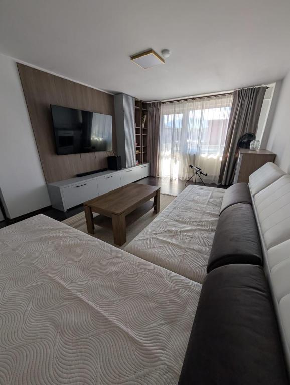 a living room with a large bed and a television at Biverse Prestige in Petrila