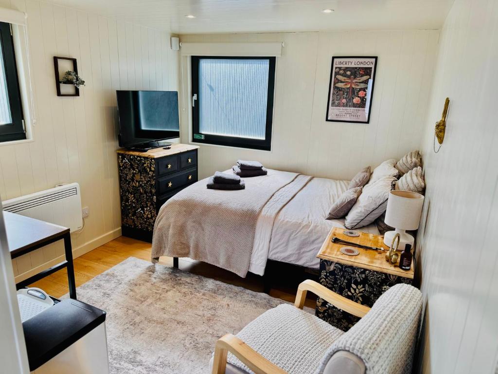 a small bedroom with a bed and a television at The Snug in Yeovil