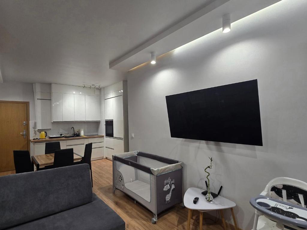 a living room with a couch and a tv on a wall at Apartament Oaza Jastrzębia Góra in Jastrzębia Góra