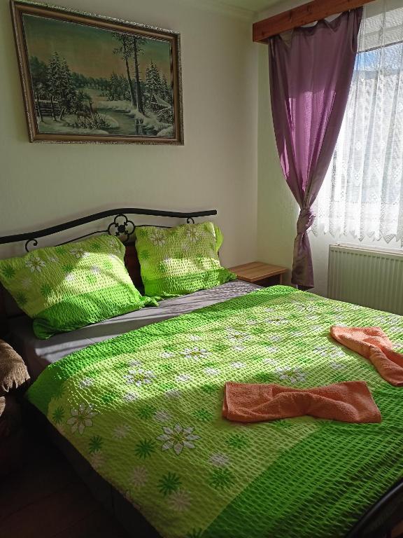 a bedroom with a green bed with green sheets and pillows at Penzion Babička, pokoj A in Trojanovice