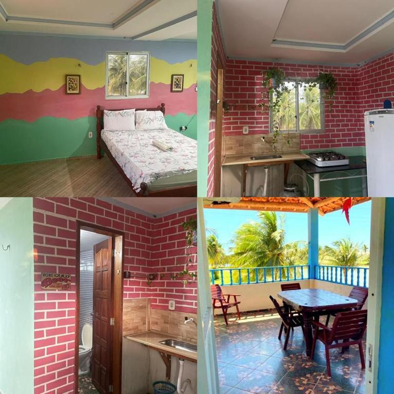 a collage of pictures of a room with a bed and a table at Chalé sítio Cumbe in Aracati
