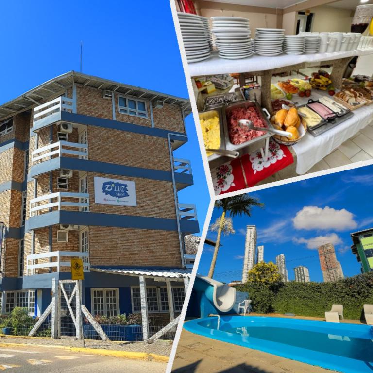 eine Collage aus Fotos mit einem Gebäude und einem Resort in der Unterkunft Hotel D'Luz in Itapema