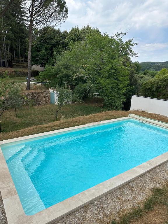 une grande piscine bleue dans une cour dans l'établissement les pins, à Chambonas
