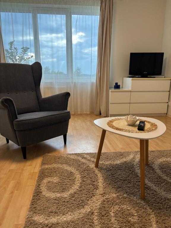 a living room with a chair and a coffee table at Self Check- in Cozy Apartment in Cēsis