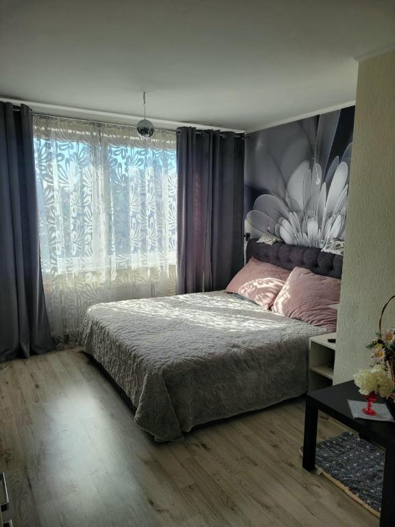 a bedroom with a large bed and a window at Oxy appart in Ventspils