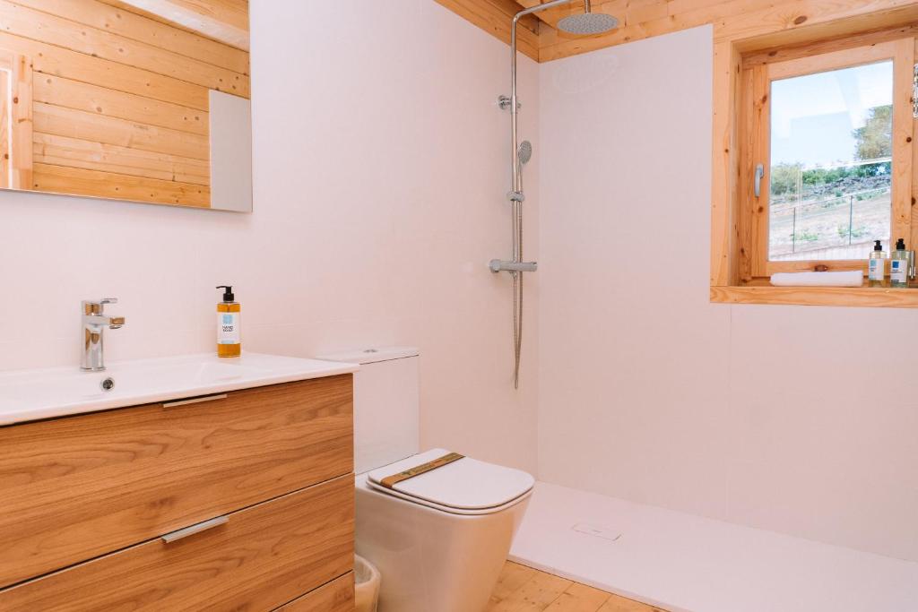 a bathroom with a toilet and a sink and a window at Cabañas de Allariz - Cabaña 3 in Allariz