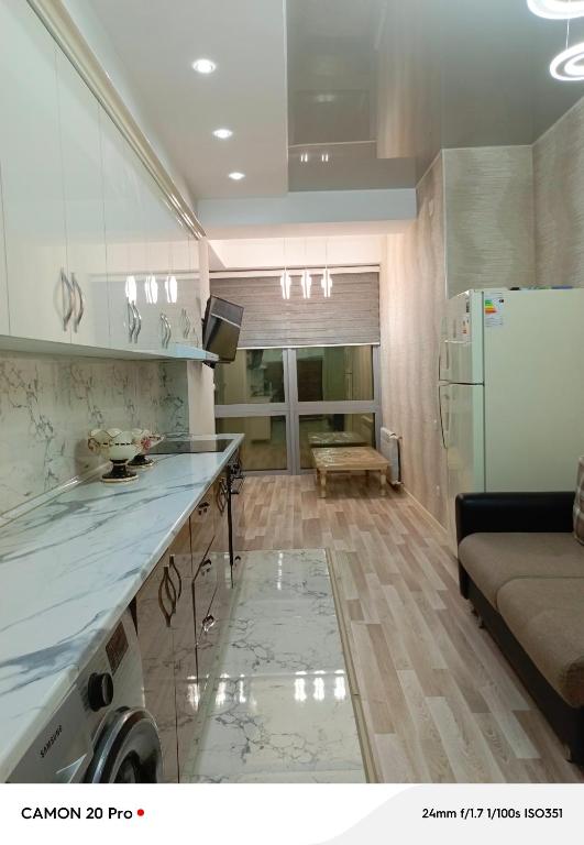 a kitchen with a counter top and a refrigerator at Cozy Stay in Dushanbe