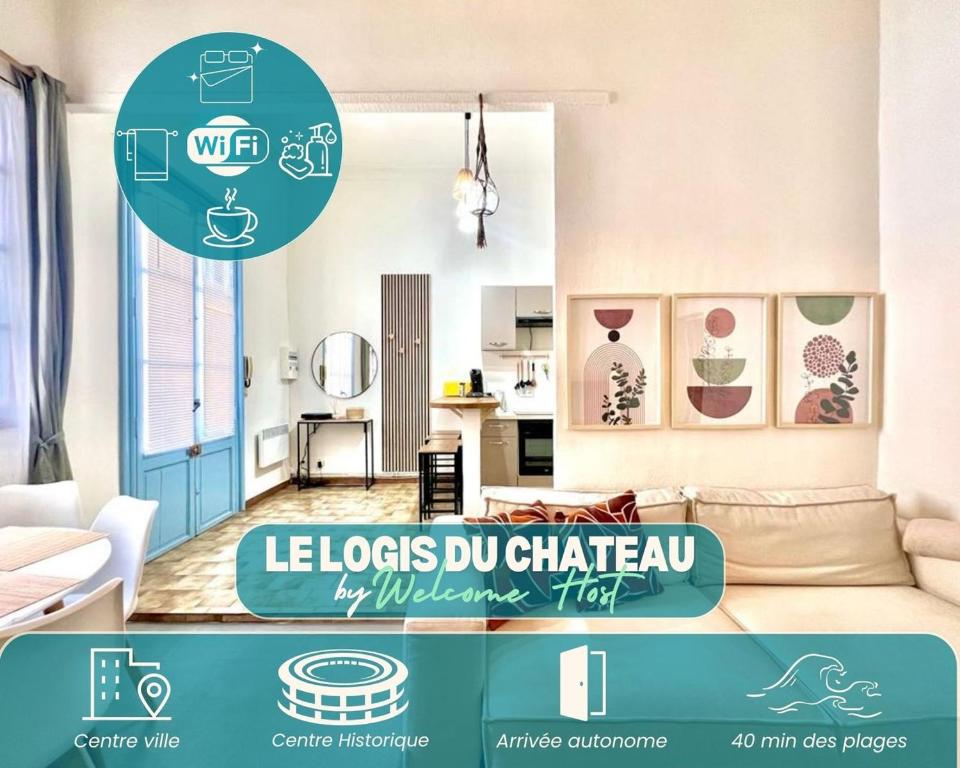 a living room with a sign that reads leeds du chateau at Le Logis du Château , Charme au cœur de Sommières in Sommières