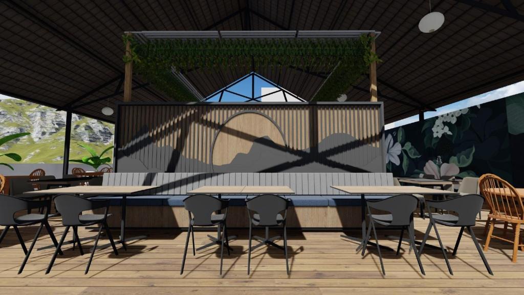 a rendering of a restaurant with tables and chairs at AURA Lounge in Udawalawe