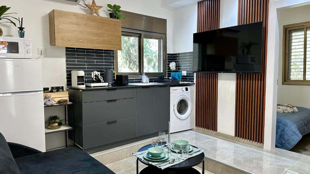 a kitchen with a washer and dryer in a room at Haifa Central Suites in Haifa