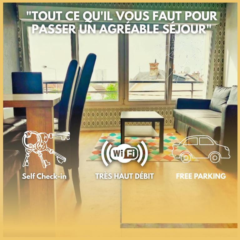 un flyer d'un salon avec une table et une voiture dans l'établissement Appartement confortable à proximité du centre ville, à Reims