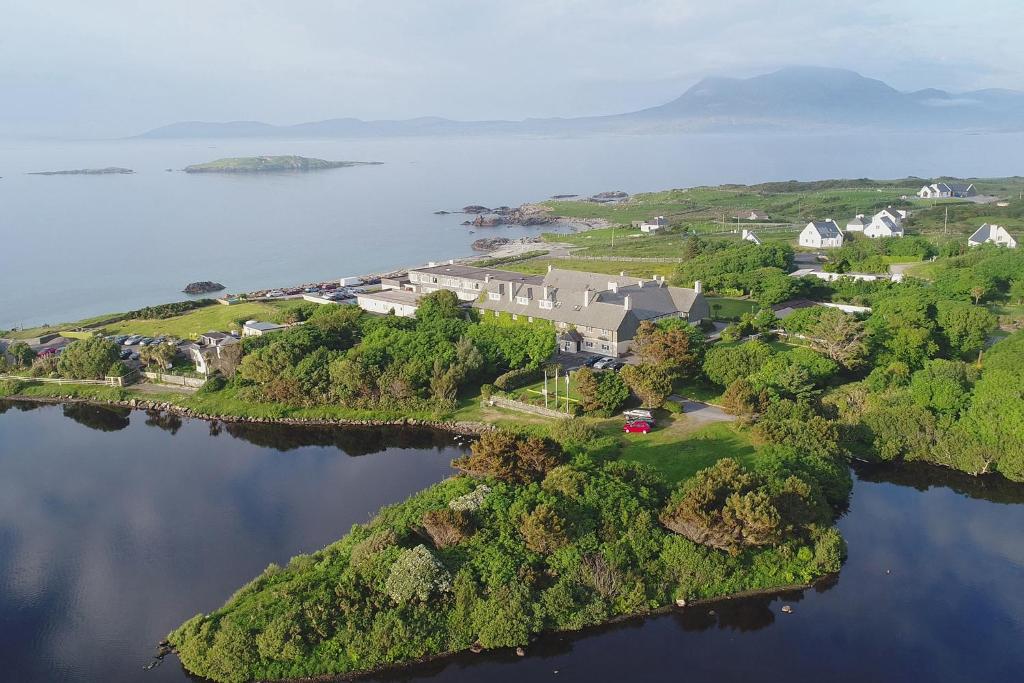 an aerial view of an island in the water at Renvyle House Hotel & Resort in Renvyle
