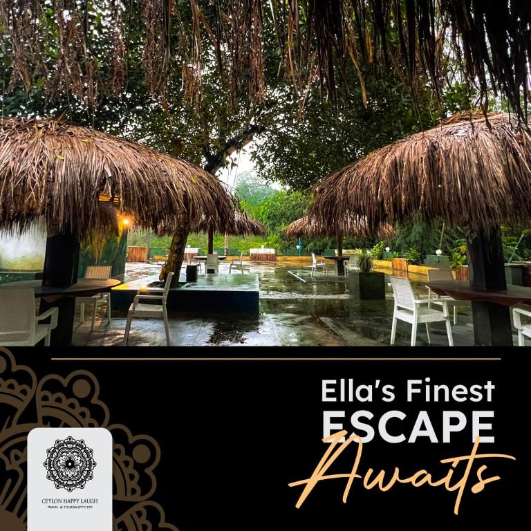 a restaurant with a straw umbrella and tables and chairs at Zentara Ella by silkfive in Ella