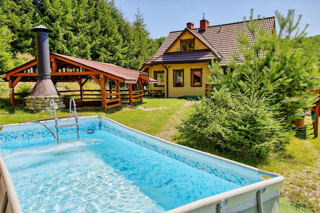 a house with a swimming pool in front of a house at Solna Chata-dom na wyłączność Grota solna, balia, sauna, basen in Rajcza