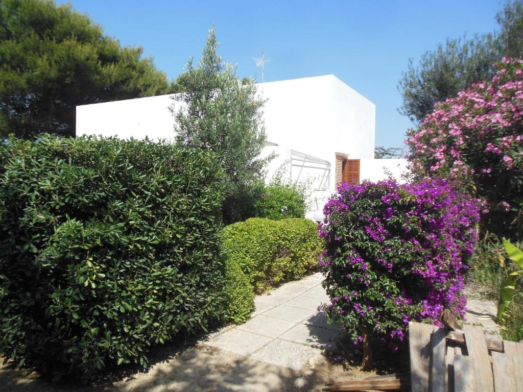 un giardino con fiori viola e un edificio bianco di Villa Punta Lunga a Favignana