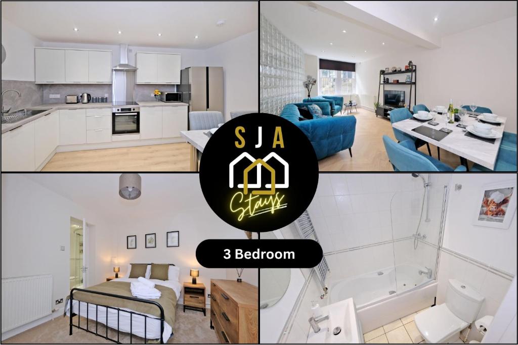 un collage de photos d'une cuisine et d'un salon dans l'établissement Bon Accord Square - SJA Stays - Modern 3 Bed Apartment, à Aberdeen