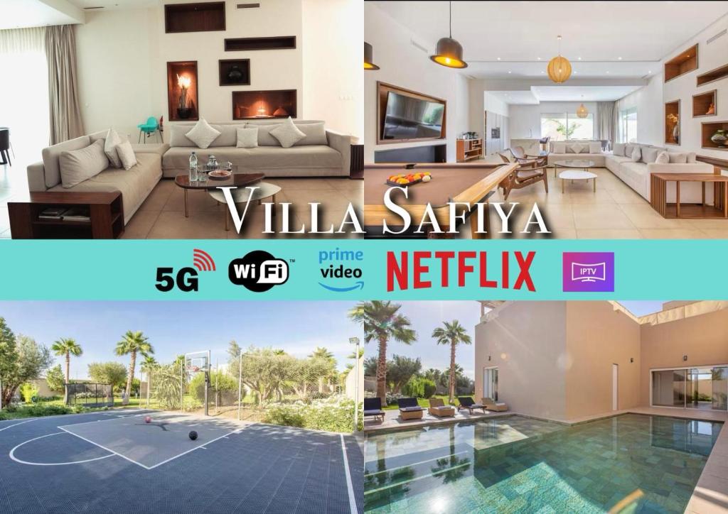 un collage d'un salon et d'une villa, publicité Netflix sur la sécurité dans l'établissement Villa Safiya, Piscine Chauffée & jeux, à Marrakech