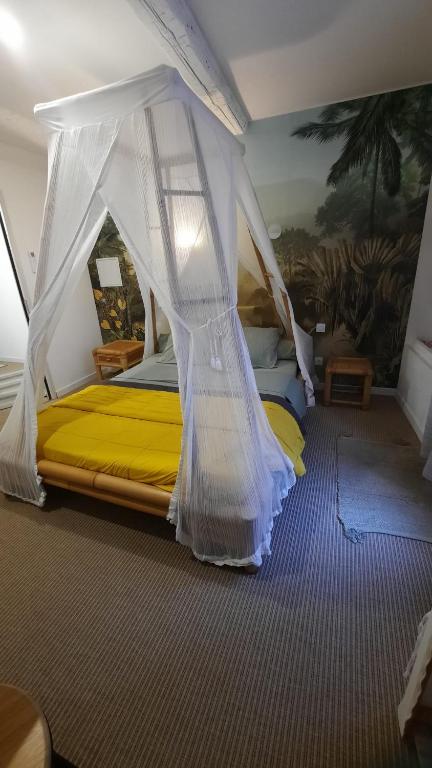 une chambre avec un lit à baldaquin dans l'établissement CHAMBRES DE L'ORATOIRE-climatisées, Impasse calme, lumineuse, centre ville, Pézenas, à Pézenas