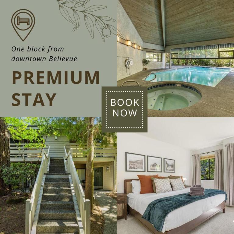 a collage of pictures of a bedroom and a swimming pool at Perch - Bellevue Retreat in Bellevue