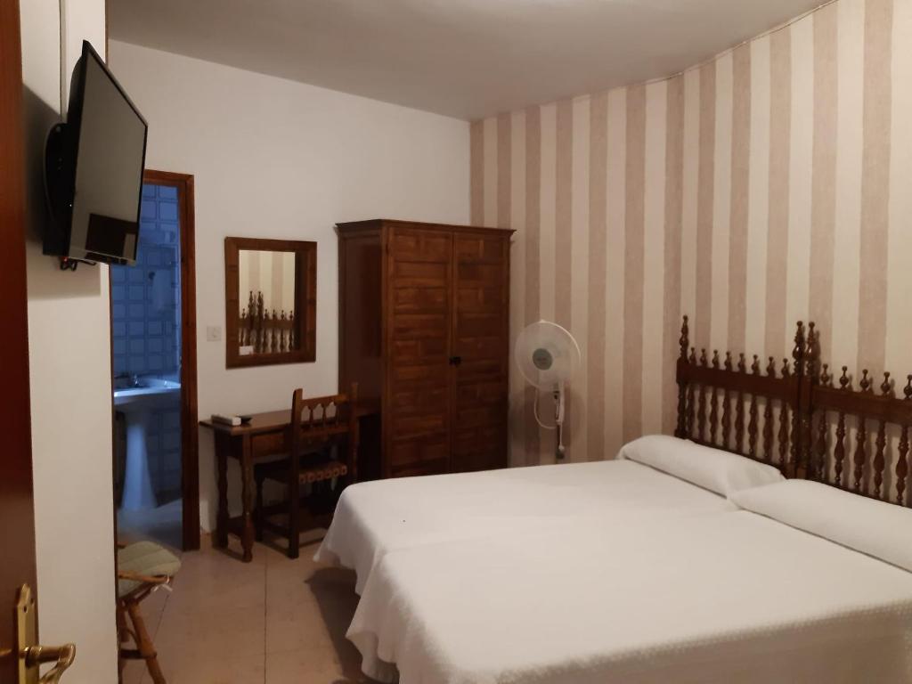 Un dormitorio con cama, escritorio y televisión. en Hotel Andalucía, en Cazorla