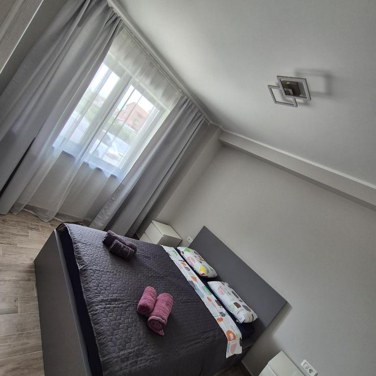 a small bedroom with a bed with purple socks at Studio Palaz in Constanţa