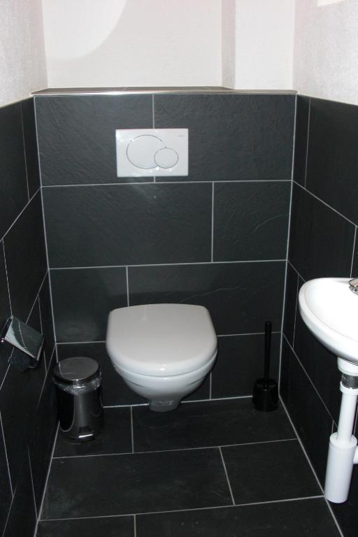 e bagno piastrellato nero con servizi igienici e lavandino. di Back-Packer Federnhut a Schaffhausen