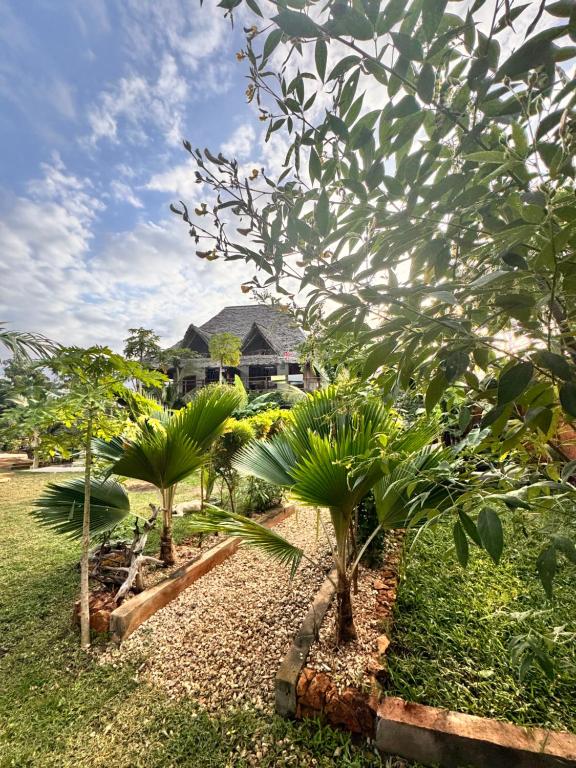 a row of palm trees in front of a house at Jumanji B&B in Kinyasini
