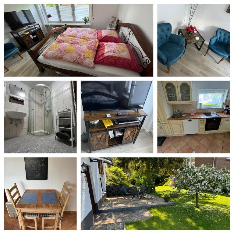 a collage of pictures of a bedroom and a bed at Hummelglück - Ferienwohnung mit Terrasse in 30 Min in HH City in Bendestorf