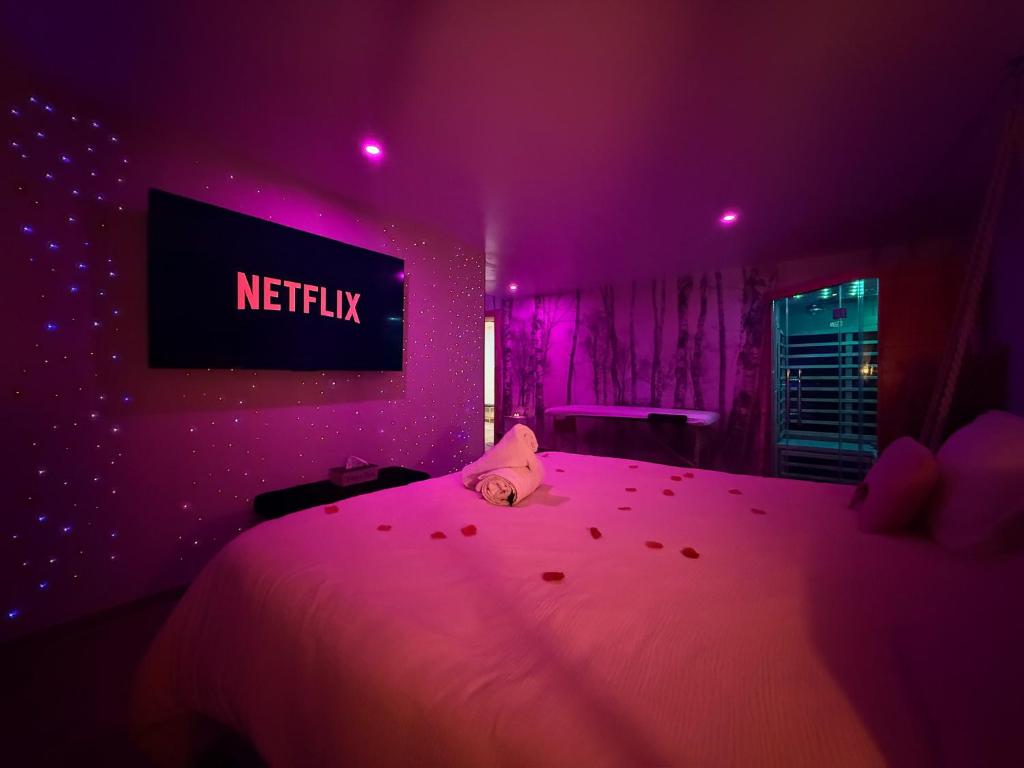 a bedroom with a bed with a netflix sign on the wall at L'Évasion des Sens - Spa Sauna Hammam Jacuzzi in Bray-sur-Somme