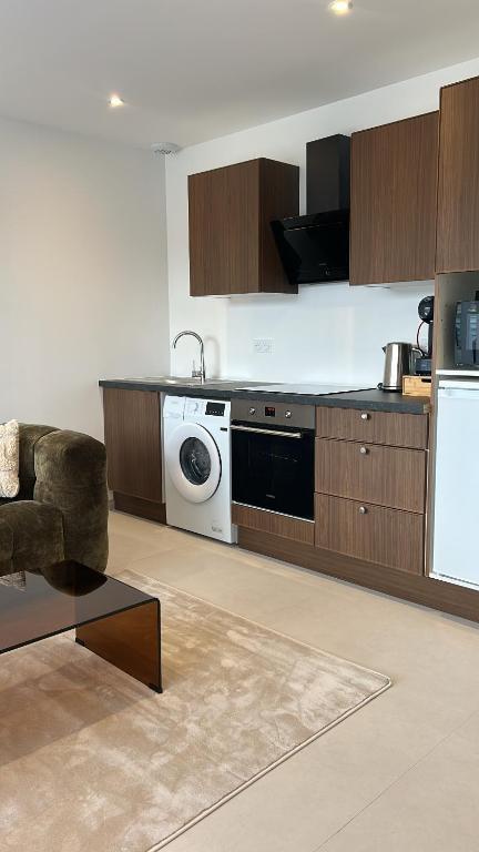 a kitchen with a washer and dryer in a room at Maison T2 moderne avec spa privatif in Crêches-sur-Saône