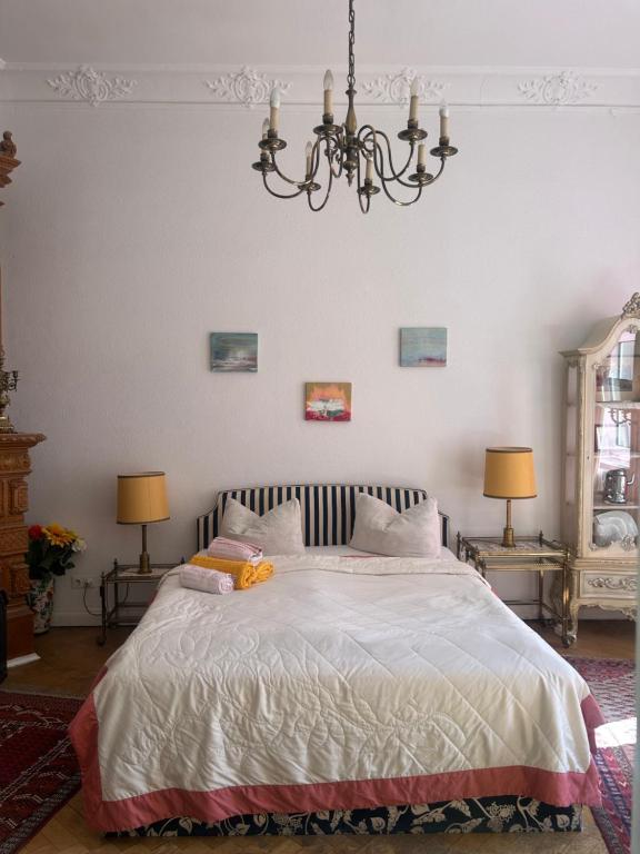 een slaapkamer met een groot bed met een kroonluchter bij Kant in Berlijn