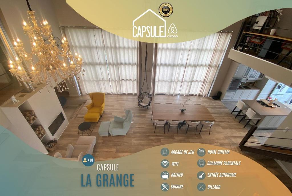 an overhead view of a living room with a table and chairs at Capsule la grange arcade de jeux billard 4 chambres 300m2 in Vicq