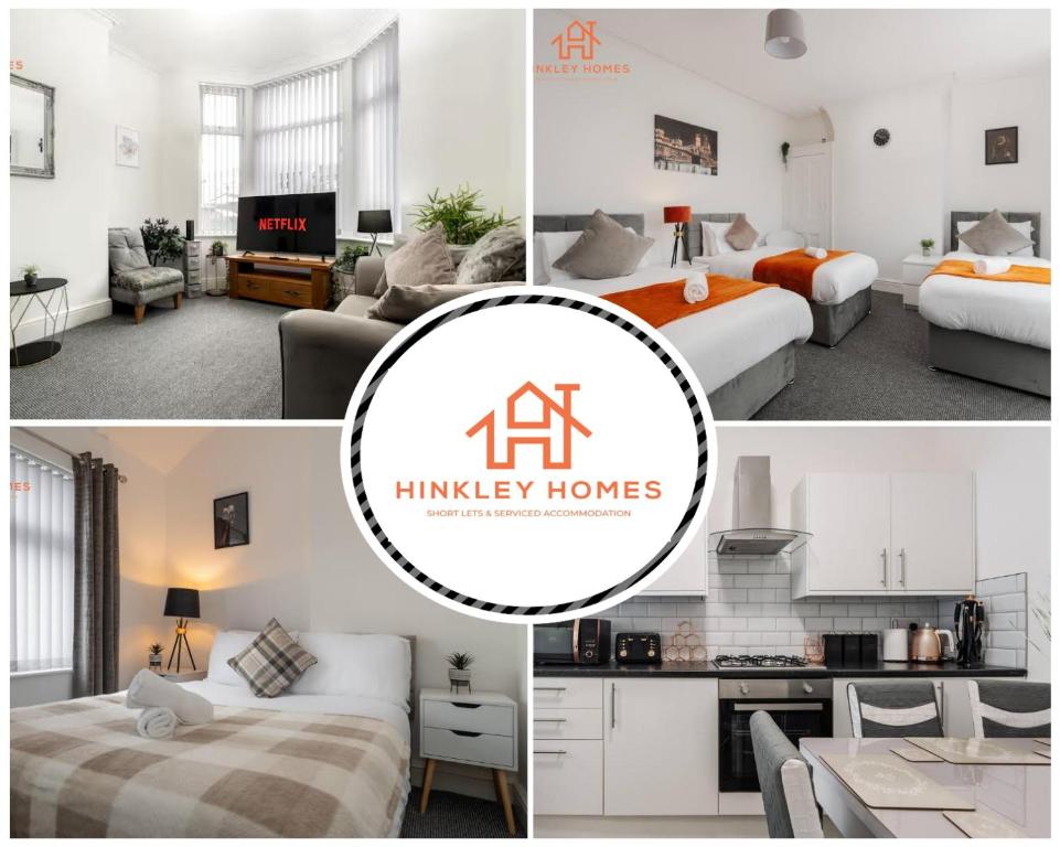 a collage of four pictures of a hotel room at 9 Guests, 4 Bedrooms, Modern Comfort in Bootle in Litherland